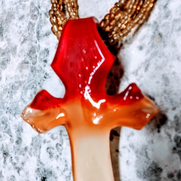 Glass Cross Necklace- Merengue Orange Red Cream - Picture 3 of 8